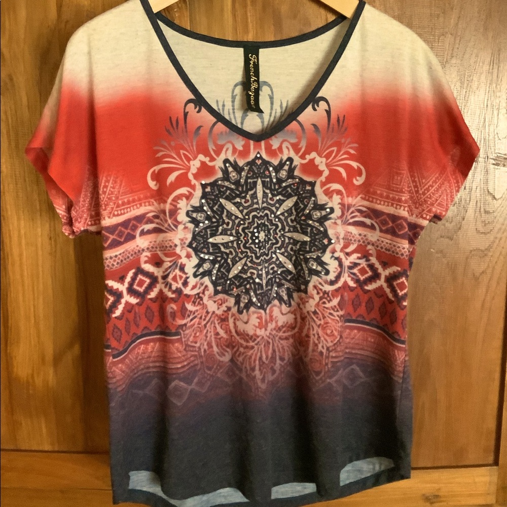 French Bazaar V-neck Embellished T-shirt Size Large Mandala